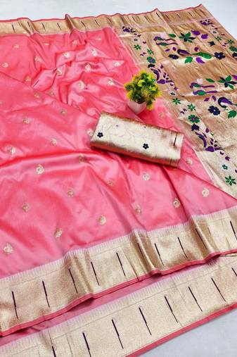Light pink zari woven paithani silk blend saree with blouse piece