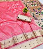 Light pink zari woven paithani silk blend saree with blouse piece