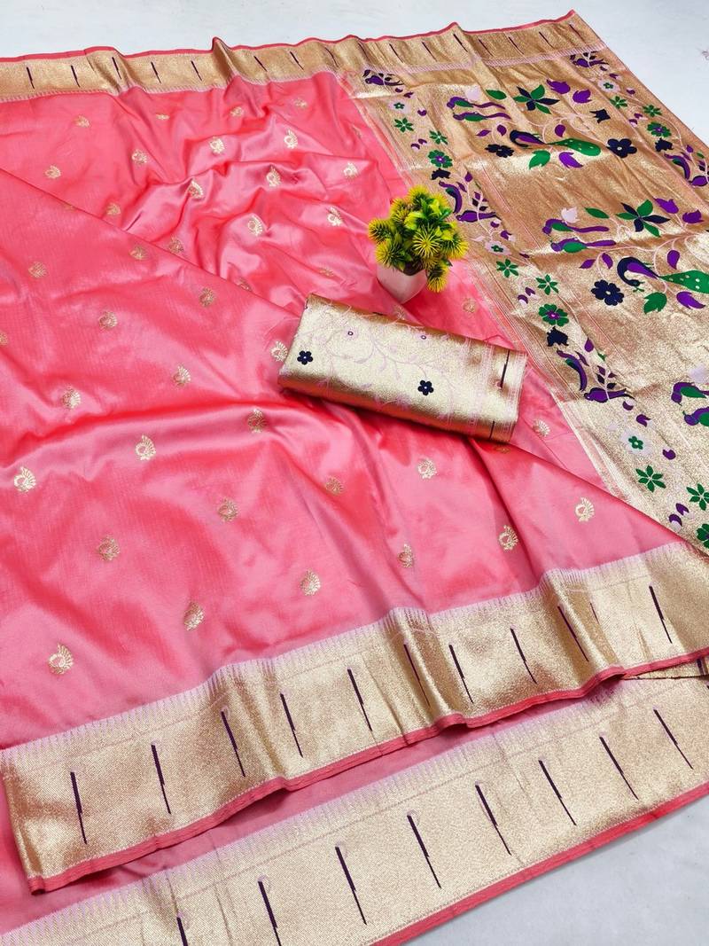 Light pink zari woven paithani silk blend saree with blouse piece