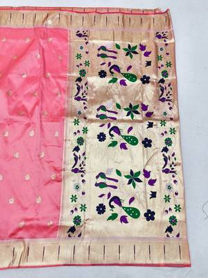 Light pink zari woven paithani silk blend saree with blouse piece 2