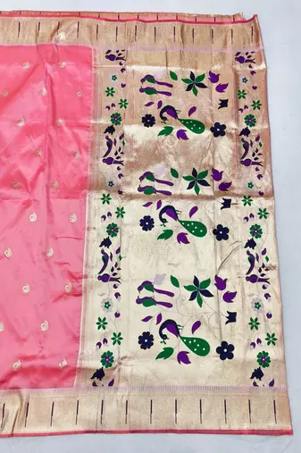 Light pink zari woven paithani silk blend saree with blouse piece