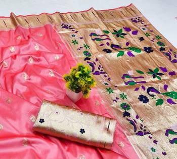 Light pink zari woven paithani silk blend saree with blouse piece 3