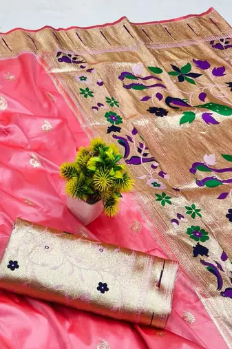 Light pink zari woven paithani silk blend saree with blouse piece