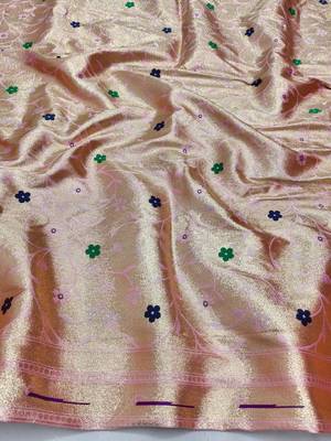 Light pink zari woven paithani silk blend saree with blouse piece 4
