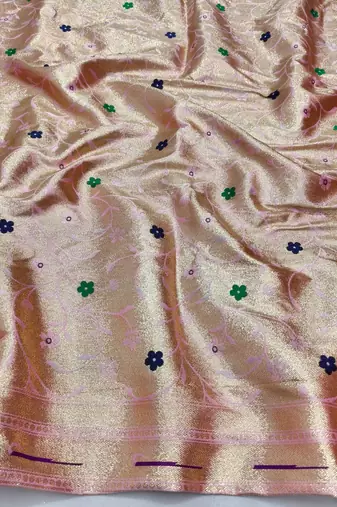 Light pink zari woven paithani silk blend saree with blouse piece