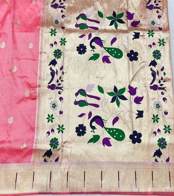 Light pink zari woven paithani silk blend saree with blouse piece 5
