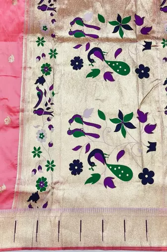Light pink zari woven paithani silk blend saree with blouse piece