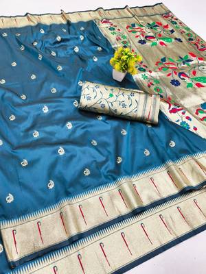 Blue zari woven paithani silk blend saree with blouse piece 1