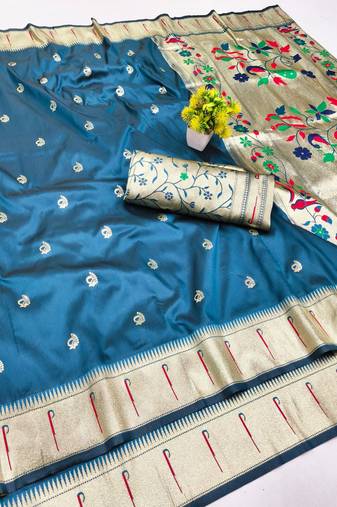 Blue zari woven paithani silk blend saree with blouse piece