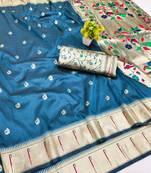 Blue zari woven paithani silk blend saree with blouse piece