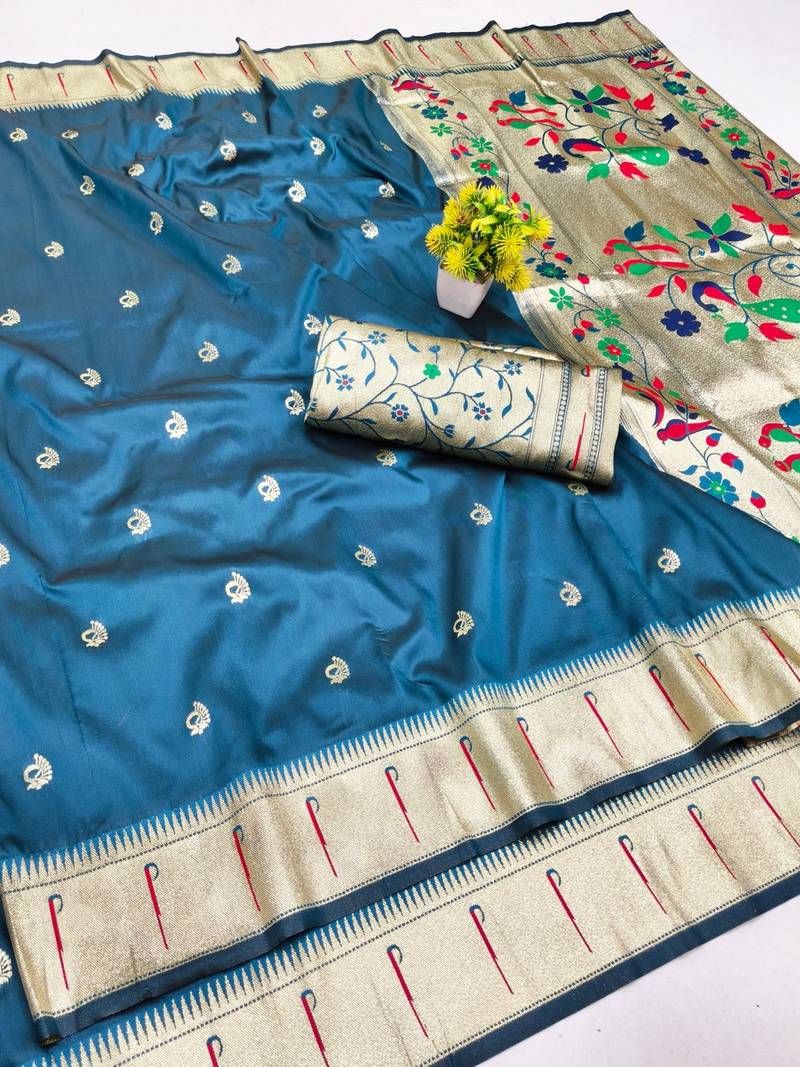 Blue zari woven paithani silk blend saree with blouse piece