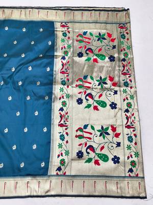 Blue zari woven paithani silk blend saree with blouse piece 2