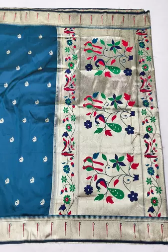 Blue zari woven paithani silk blend saree with blouse piece