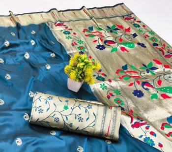 Blue zari woven paithani silk blend saree with blouse piece 3