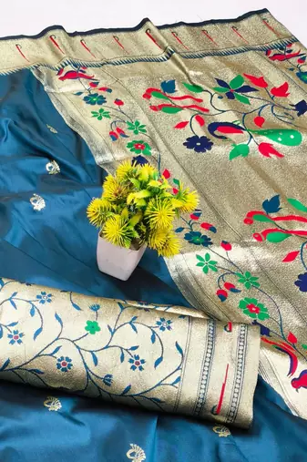 Blue zari woven paithani silk blend saree with blouse piece
