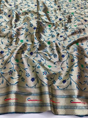 Blue zari woven paithani silk blend saree with blouse piece 4