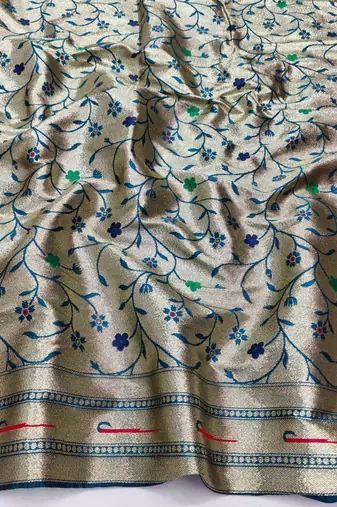 Blue zari woven paithani silk blend saree with blouse piece
