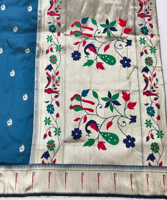 Blue zari woven paithani silk blend saree with blouse piece 5