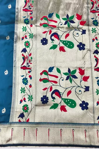 Blue zari woven paithani silk blend saree with blouse piece