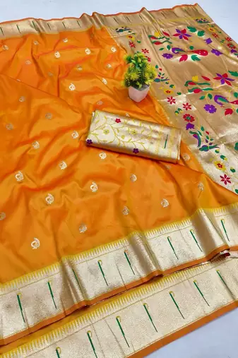 Gold zari woven paithani silk blend saree with blouse piece