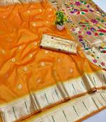 Gold zari woven paithani silk blend saree with blouse piece