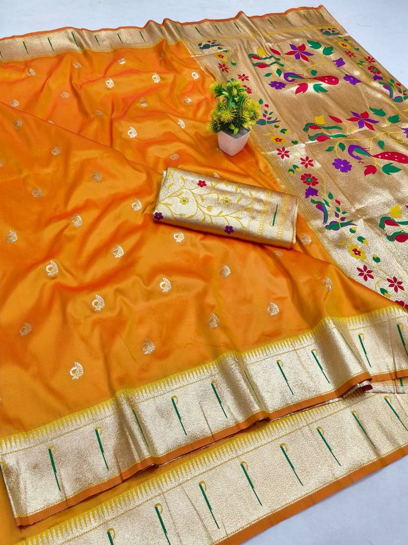 Gold zari woven paithani silk blend saree with blouse piece