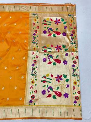 Gold zari woven paithani silk blend saree with blouse piece 2