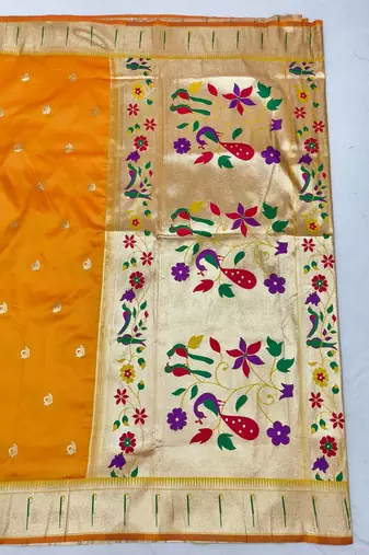 Gold zari woven paithani silk blend saree with blouse piece