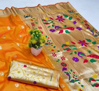 Gold zari woven paithani silk blend saree with blouse piece 3