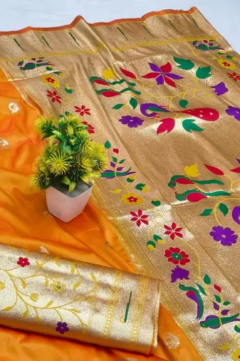 Gold zari woven paithani silk blend saree with blouse piece