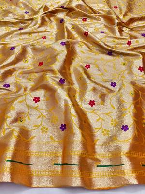 Gold zari woven paithani silk blend saree with blouse piece 4