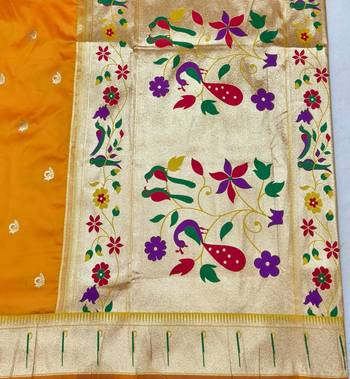Gold zari woven paithani silk blend saree with blouse piece 5