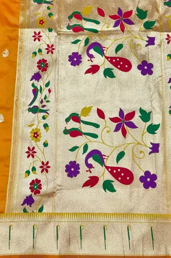Gold zari woven paithani silk blend saree with blouse piece