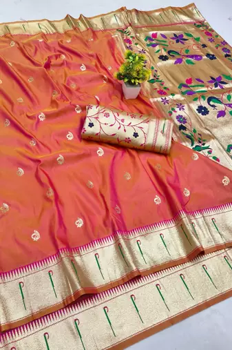 Pink zari woven paithani silk blend saree with blouse piece