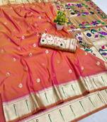 Pink zari woven paithani silk blend saree with blouse piece