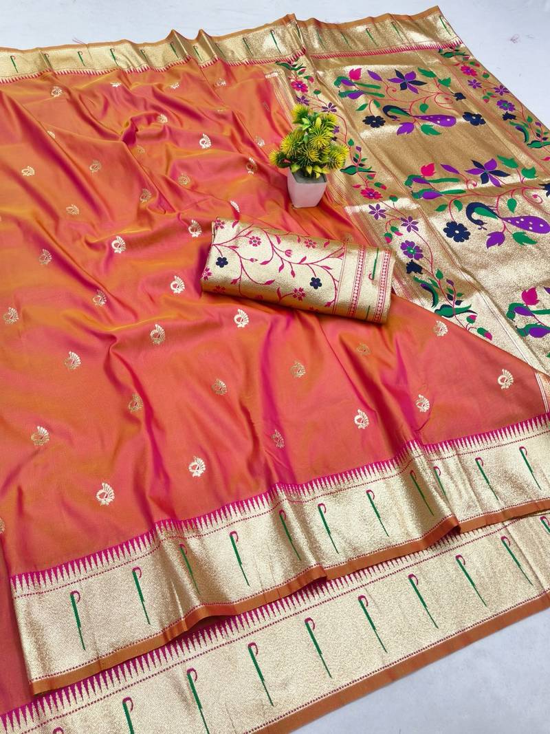 Pink zari woven paithani silk blend saree with blouse piece