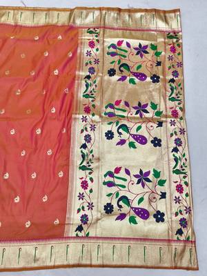 Pink zari woven paithani silk blend saree with blouse piece 2