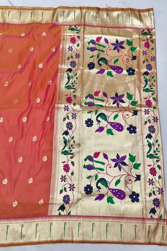 Pink zari woven paithani silk blend saree with blouse piece