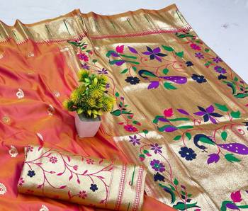 Pink zari woven paithani silk blend saree with blouse piece 3