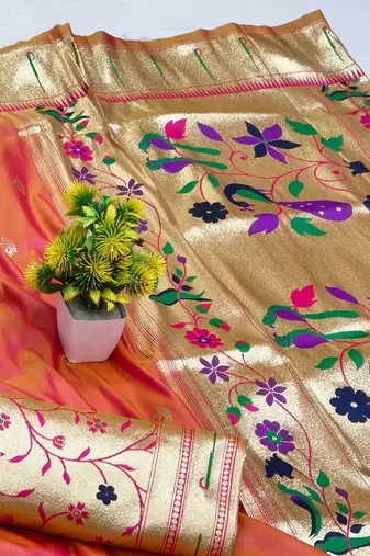 Pink zari woven paithani silk blend saree with blouse piece
