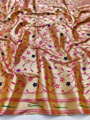 Pink zari woven paithani silk blend saree with blouse piece 4