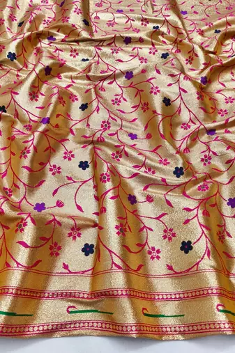 Pink zari woven paithani silk blend saree with blouse piece