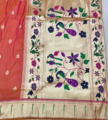 Pink zari woven paithani silk blend saree with blouse piece 5