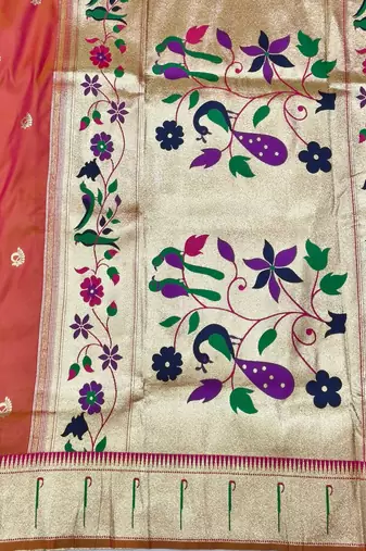 Pink zari woven paithani silk blend saree with blouse piece