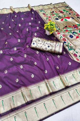 Wine zari woven paithani silk blend saree with blouse piece