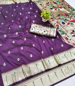 Wine zari woven paithani silk blend saree with blouse piece