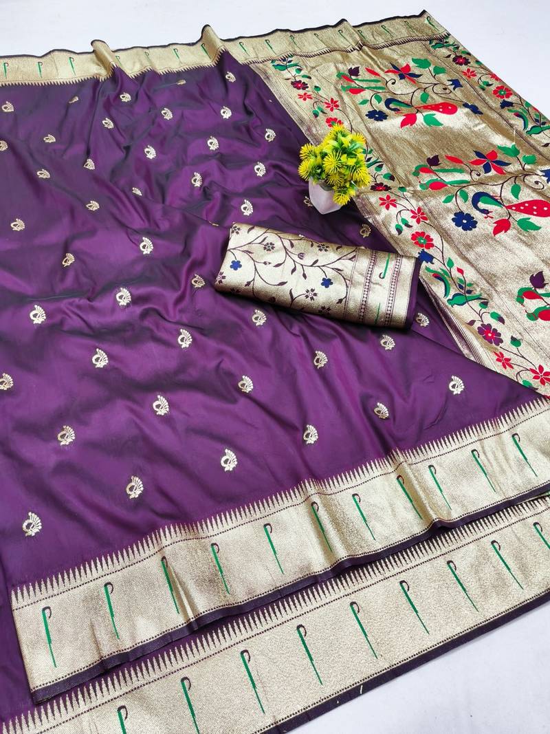 Wine zari woven paithani silk blend saree with blouse piece