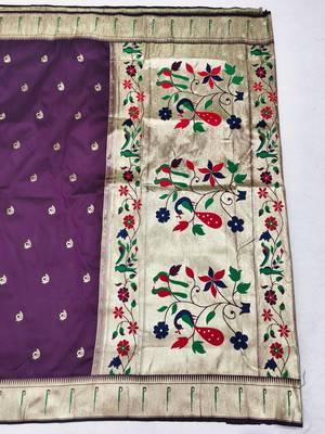 Wine zari woven paithani silk blend saree with blouse piece 2