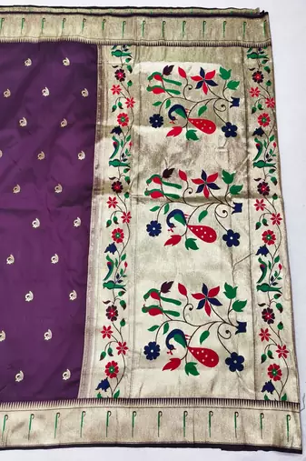 Wine zari woven paithani silk blend saree with blouse piece