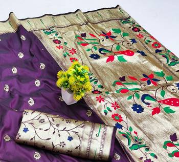 Wine zari woven paithani silk blend saree with blouse piece 3